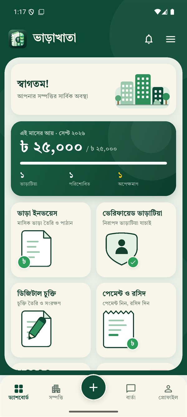 Owner dashboard in Bangla showing this month's rent collected and quick actions